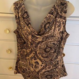 George brand Tan, brown and gold paisley print top with gathering in front.